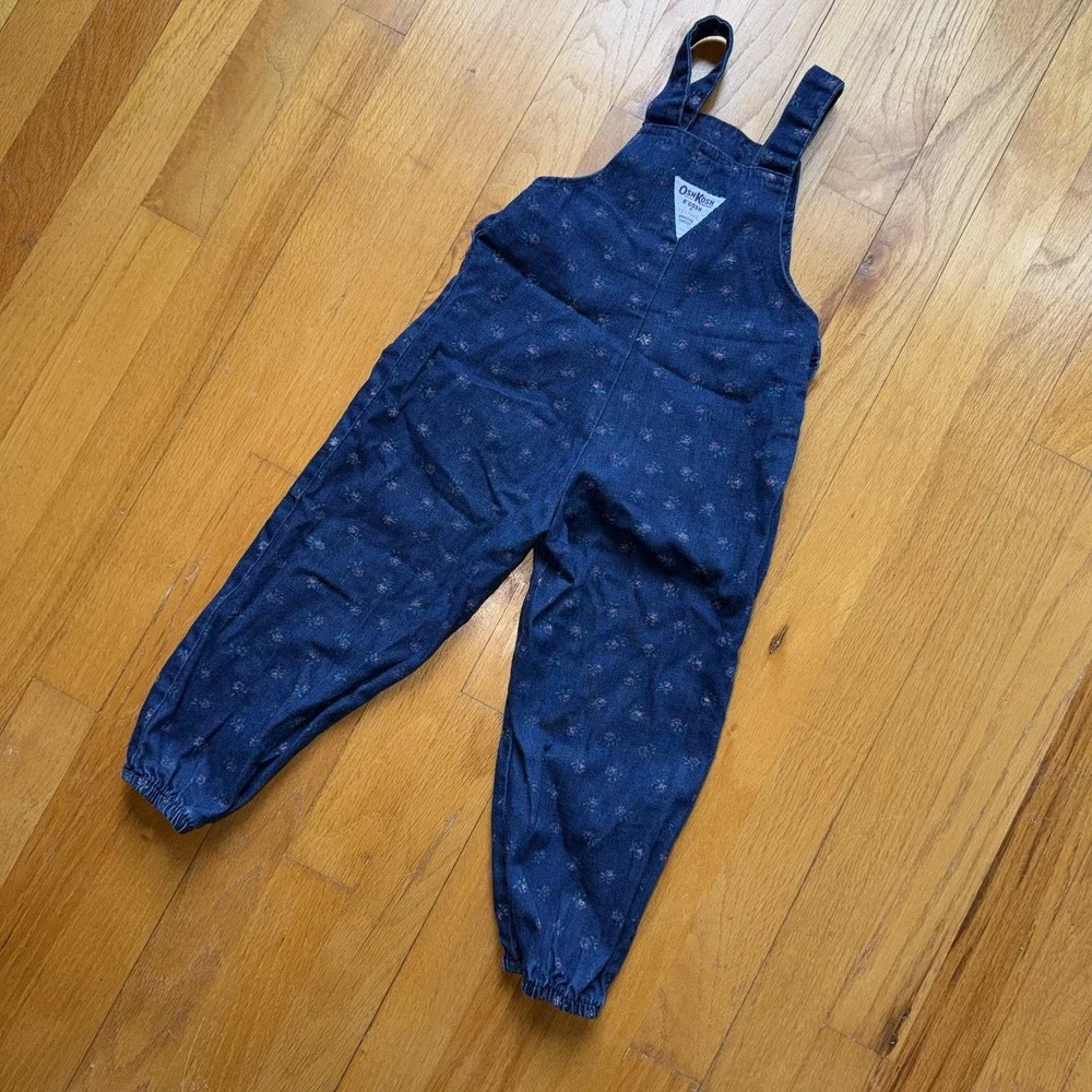 Vintage OshKosh‎ B'gosh Bib Overalls Girls 3T Blue Denim Floral Print USA Rare